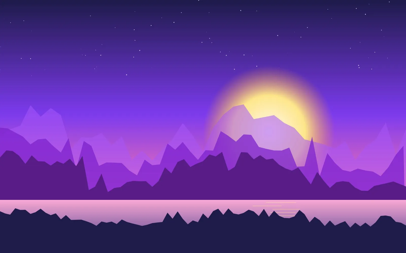 Purple mountains at dusk with a glowing sun over a lake